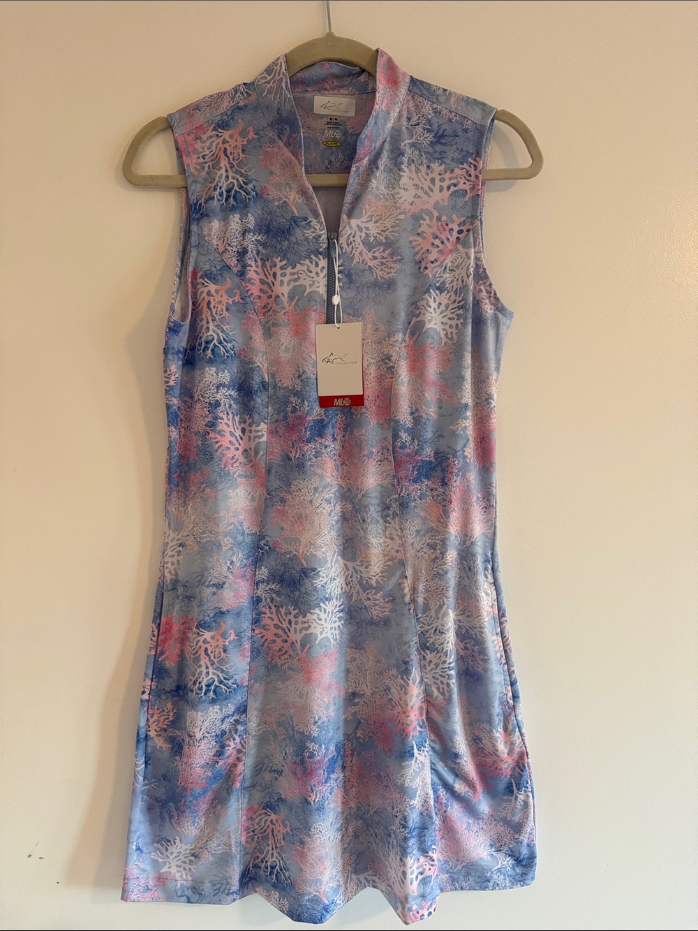 Greg Norman Collection Blue and Pink Sleeveless Coral-Print Golf Dress